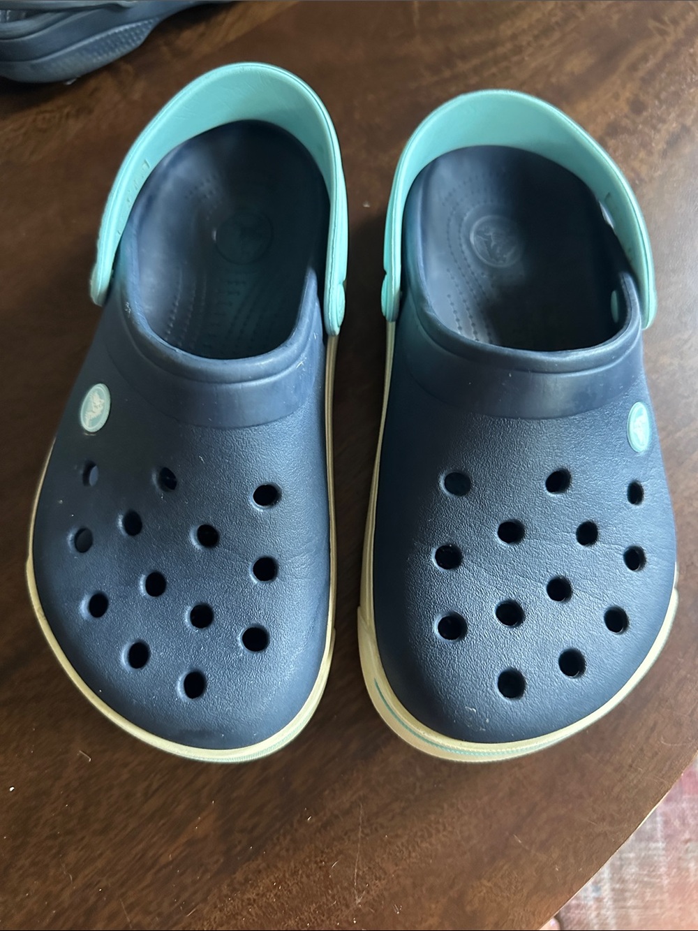 CROCS Kids boys Clog in Navy with Mint Strap and Cream Trim J 3